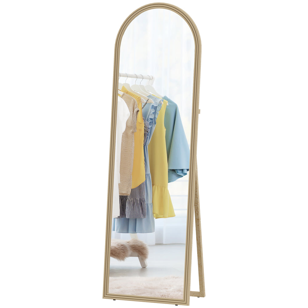 Full length arched floor mirror with faux stone frame, beige