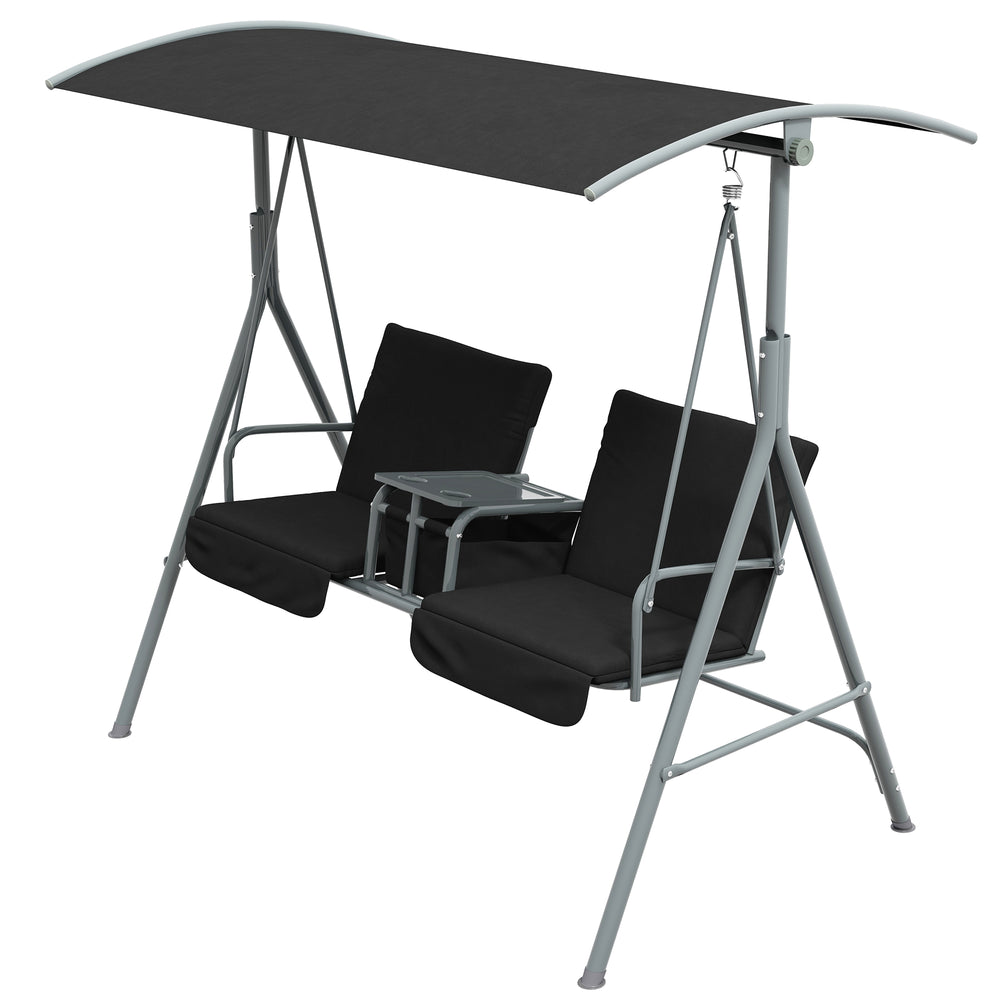 Two-seater swing with adjustable canopy and table, black