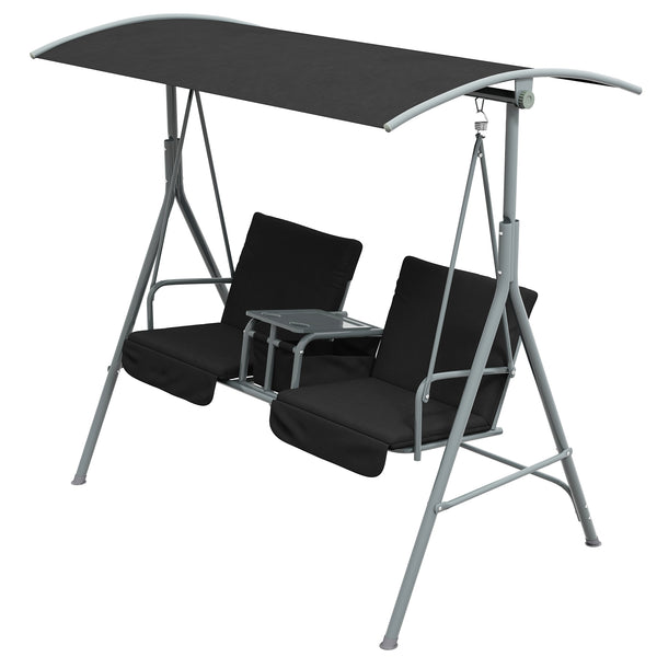 Two-seater swing with adjustable canopy and table, black