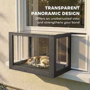 Adjustable outdoor cat enclosure with waterproof roof for window, 61 x 47 x 41 cm, black and white