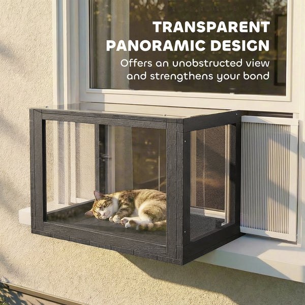 Adjustable outdoor cat enclosure with waterproof roof for window, 61 x 47 x 41 cm, black and white