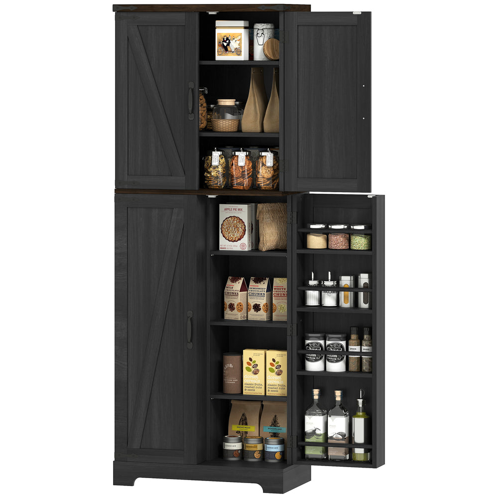 Kitchen cabinet with spice racks and adjustable shelves, black wood finish.