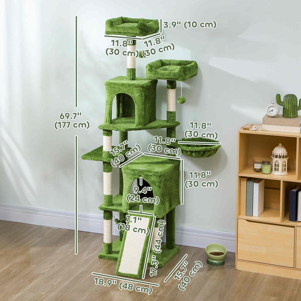 178cm Multi-Level Cat Tree with 2 Cabins, 2 Perches, Hammock, Play Balls, Green