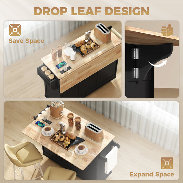 Mobile kitchen island with drop leaf, storage and charging station – Black and oak
