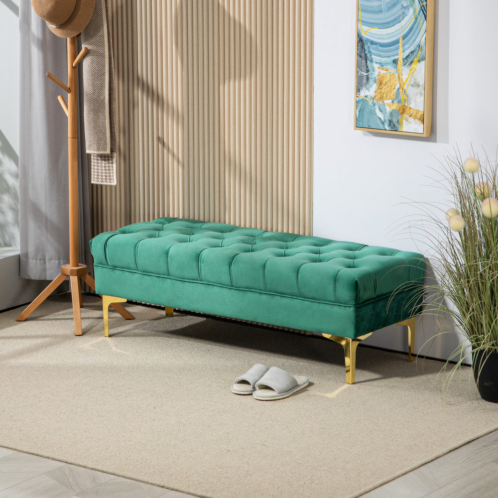 Upholstered bed bench with button tufting, dark green