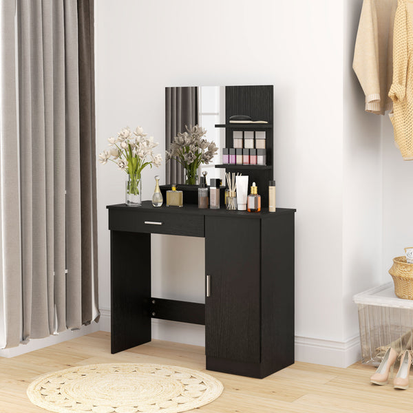 Dressing table with mirror, drawer, open compartment and shelves, black