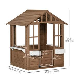 Wooden playhouse with planter, working door and windows, brown