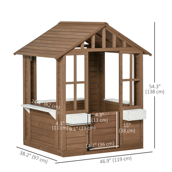 Wooden playhouse with planter, working door and windows, brown