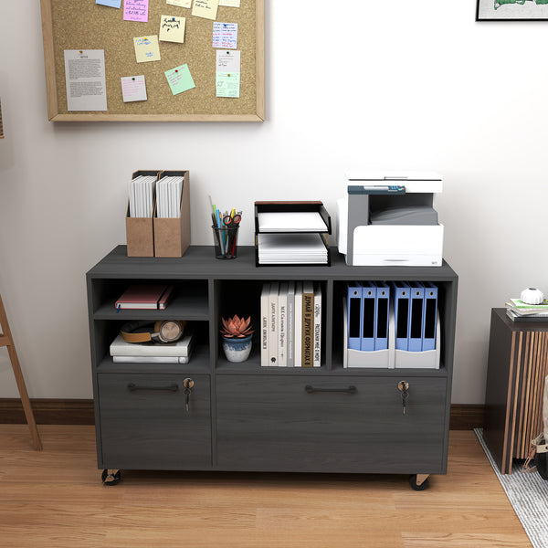 Mobile filing cabinet with charging station, locking drawers, and file storage, dark gray