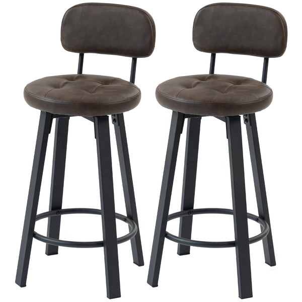 Set of 2 Upholstered Bar Stools with Footrests and Backrests for Kitchen Counter, Brown