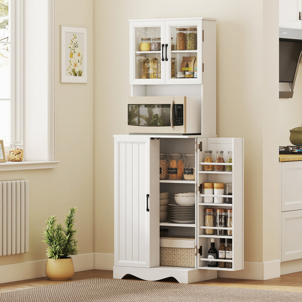 White pantry cabinet with glass doors, 8 door shelves and space for a coffee maker