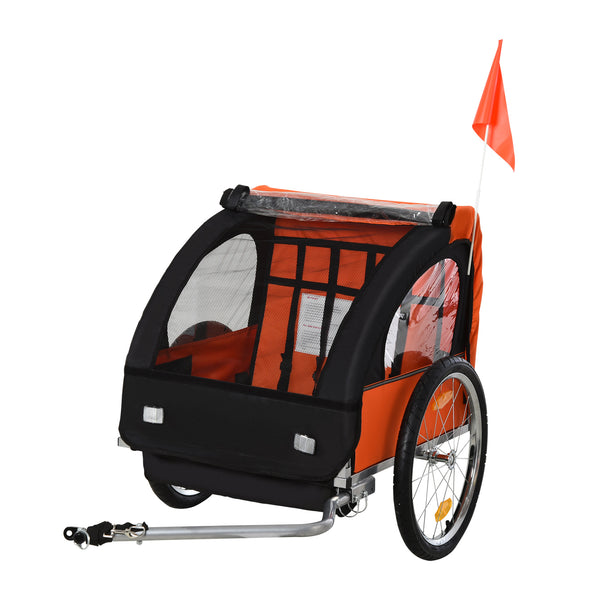 2-seater bicycle trailer with sturdy steel frame, 5-point safety harness, orange