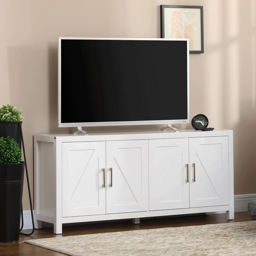Buffet/TV stand with barn doors, 4 cable management holes, white