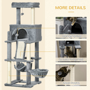 55" Cat Tree with Bed, Ramp, Hammock, Hanging Toys, Sisal Rope Scratching Post, Grey