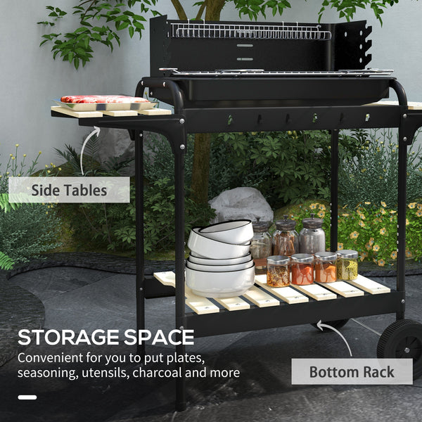 Height-adjustable charcoal barbecue with ash catcher and wheels, black