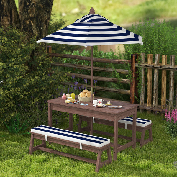 Wooden picnic table and bench set with removable parasol and cushions