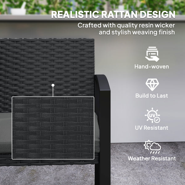 Two-seater outdoor rattan bench with cushion, grey