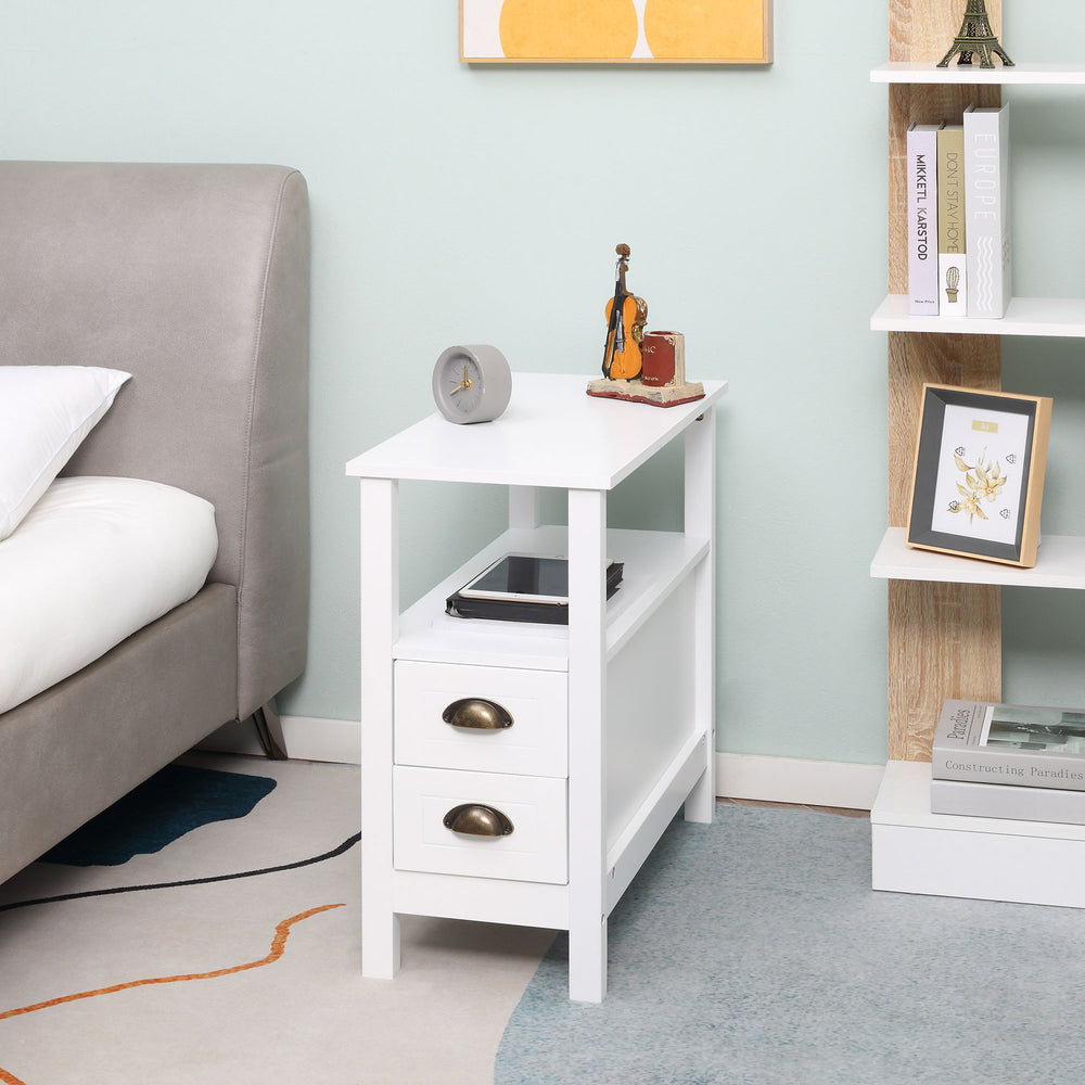 Narrow side table with 2 drawers and storage shelf, white