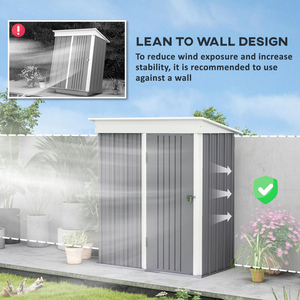 Lean-to steel garden shed with adjustable shelf, lock and gloves, grey