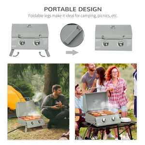 2 Burner Propane Gas Grill, Portable Tabletop BBQ with Foldable Legs, Lid, for Camping, Picnic, Silver