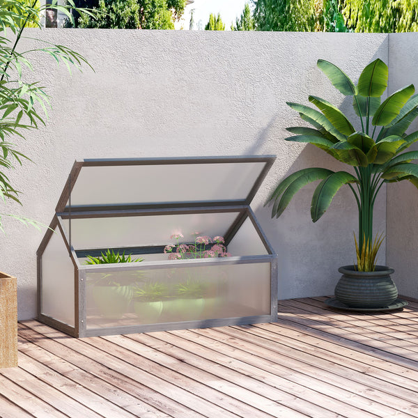 Portable raised wooden garden greenhouse with hinged lid