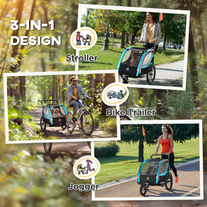 3-in-1 bike trailer with 5-point harness, storage, blue