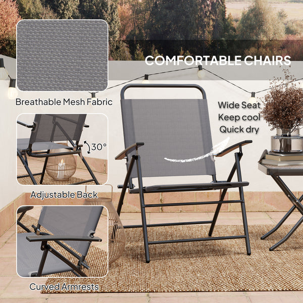 Folding bistro set with adjustable back chairs and glass-topped table, grey