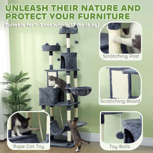 Large 205cm Cat Tree with Scratching Posts, Cabins, Beds, Hammocks, Dark Grey