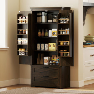 Country style pantry with drawers, distressed dark brown