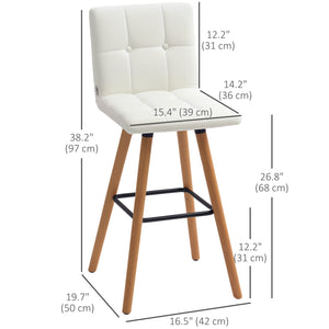 Set of 2 padded bar stools with solid wood legs, white