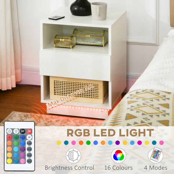 Bedside table with LED lighting and remote control, white