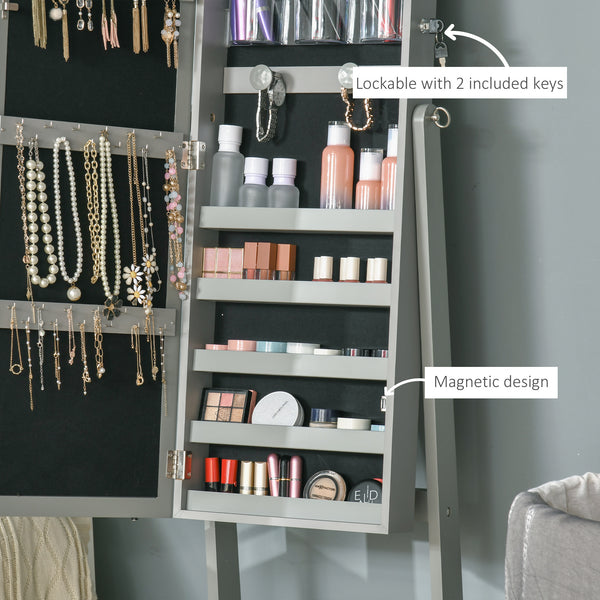 Lockable jewelry cabinet with LED lighting, standing mirror, gray