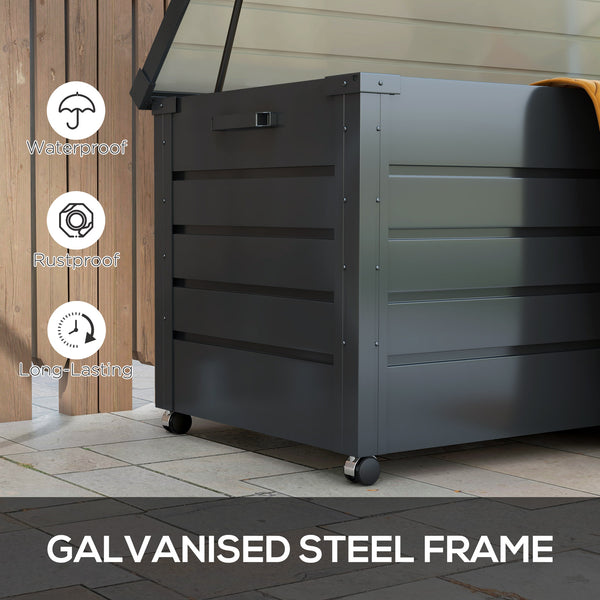 Waterproof garden storage box with wheels and handles, dark grey