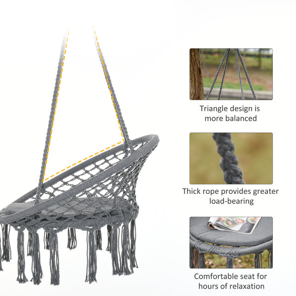Hanging rope hammock with backrest, dark grey
