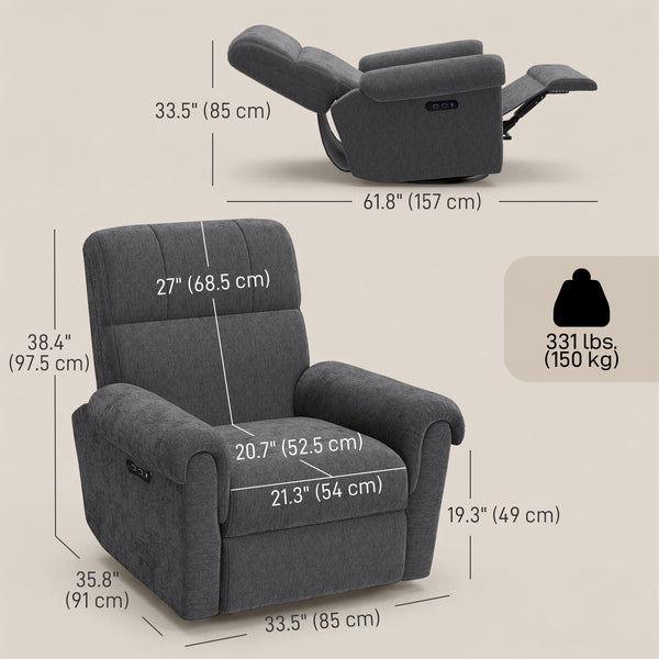Electric reclining chair, fabric upholstery, USB ports, swivel and rocking function, footrest, dark grey