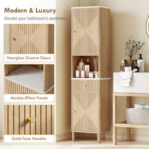 Oak-effect tall bathroom cabinet with 2 cupboards, drawer and open shelf, Oak effect