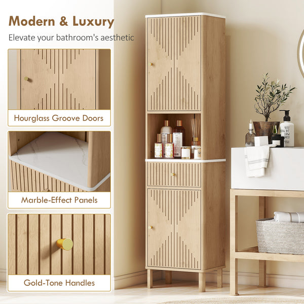 Oak-effect tall bathroom cabinet with 2 cupboards, drawer and open shelf, Oak effect