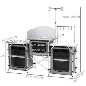 Portable folding aluminum camping kitchen with fabric cupboards, grey