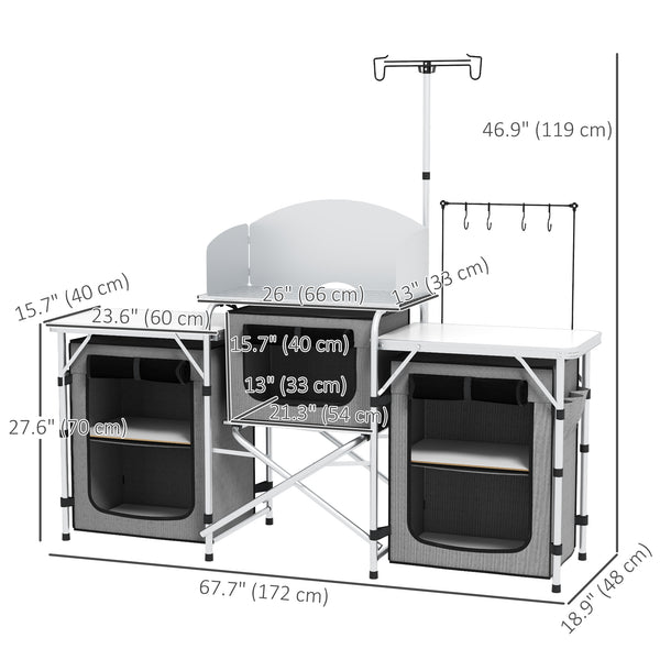 Portable folding aluminum camping kitchen with fabric cupboards, grey