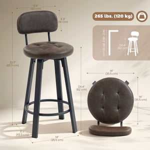 Set of 2 Upholstered Bar Stools with Footrests and Backrests for Kitchen Counter, Brown
