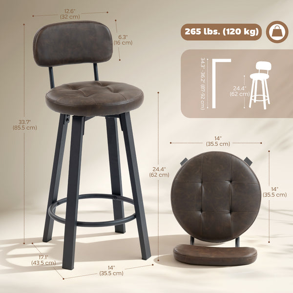 Set of 2 Upholstered Bar Stools with Footrests and Backrests for Kitchen Counter, Brown