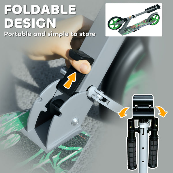 Height-adjustable scooter, rear brake, large 20 cm wheel, foldable, green