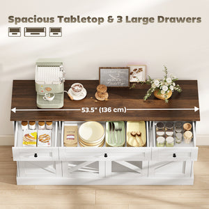 Buffet Sideboard, 54" Farmhouse Kitchen Storage Cabinet with Acrylic Barn Doors and 3 Drawers, White Wood Grain