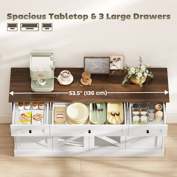 Buffet Sideboard, 54" Farmhouse Kitchen Storage Cabinet with Acrylic Barn Doors and 3 Drawers, White Wood Grain