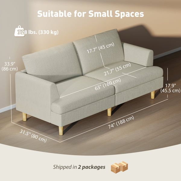 Three-seater sofa upholstered in modern corduroy, thick spring cushions, solid wood legs and armrests, beige