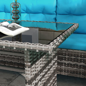 6 Piece Outdoor Rattan Sofa Set with Dining Table and Chairs Sky Blue