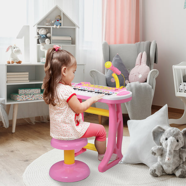 Piano keyboard with stool, working microphone and bright flashlight, pink