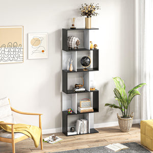 Modern 5-tier bookcase with divider, black and white