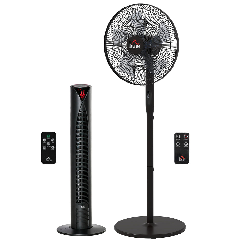 Duo de ventilateurs noirs incluant un modèle tour et un sur pied avec télécommande, hauteur réglable et tête inclinable