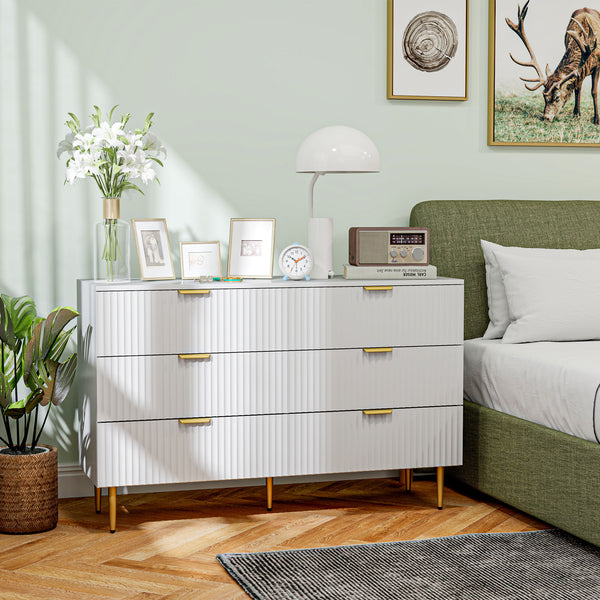 Modern 6 Drawer Bedroom Dresser with Gold Legs and Handles, White